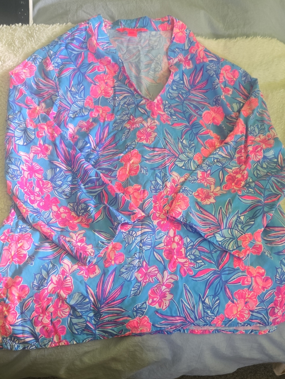 Lilly Pulitzer Blue Tropical Print Top with Pink Trim